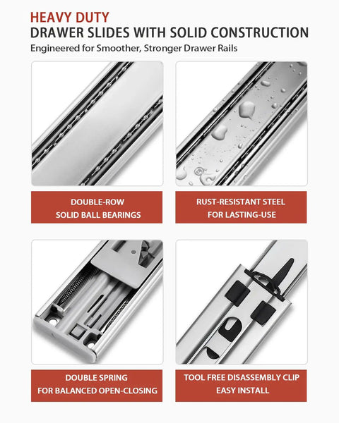 Soft Close Drawer Slides 14 Inch Side Mount Glides, 6 Pair, 3 Fold Full Extension Ball Bearing Rails with features highlighted