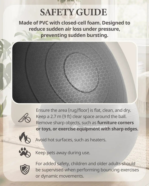 Badass Anti Slip Yoga Ball With Included Quick Pump Super Durable Frosted Grip Shell, PVC material with safety guide details.