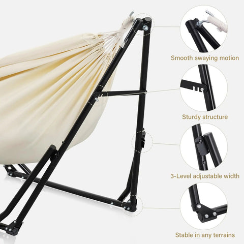 2 In 1 Outdoor Hammock With Stand Hangout Ready Swing Chair Portable Heavy Duty Steel Frame shows structure and adjustable width