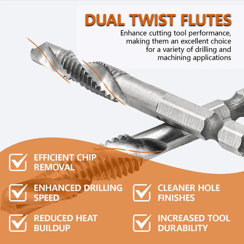 Close-up of Six Piece Combo Tap and Drill Bit Set with Dual Twist Flute, 1/4 Inch Hex Shank, for metalworking and repairs.