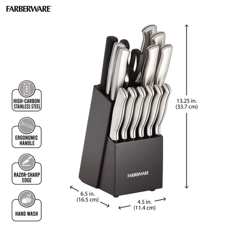 Gotta Have This Knockout 15 Piece Kitchen Knife Set Featuring Hella Sharp High Carbon Stainless Steel Blades in wooden block.