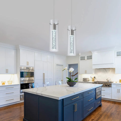 Three Pack Modern Pendant Lights In Satin Nickel With 24W LED Bulbs 6000K Bubble Glass Dome Chandelier in kitchen