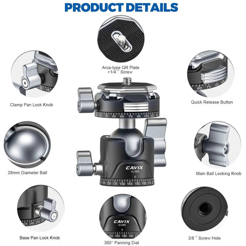 Detailed view of Arca QR Ball Head For Tripods And Sliders With One Quarter Inch And Three Eighths Inch Threads 360 Degree Pan components.