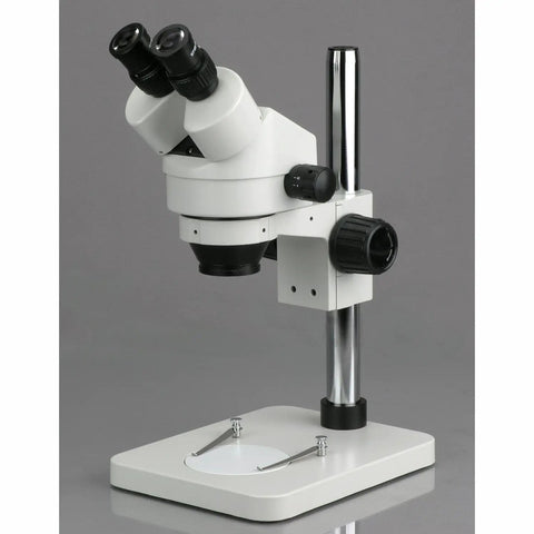 45X Stereo Binocular Microscope With 14 Inch Pillar Stand, pro-grade stereo microscope on white base with black eyepieces