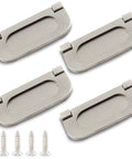 Four Pack 3 Inch Modern Hidden Recessed Door Pull Handles In Silver Zinc Alloy For Cabinets Cupboards Drawers And Dressers Includes Mounting Screws With 64 mm Hole Distance And 75 mm By 35 mm Overall Size For Durable Indoor Outdoor Use, screws visible