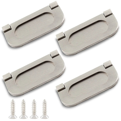 Four Pack 3 Inch Modern Hidden Recessed Door Pull Handles In Silver Zinc Alloy For Cabinets Cupboards Drawers And Dressers Includes Mounting Screws With 64 mm Hole Distance And 75 mm By 35 mm Overall Size For Durable Indoor Outdoor Use, screws visible
