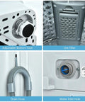 Detailed view of Full Automatic Washer And Spinner Combo showing adjustable bottom foot, lint filter, drain hose, and water inlet hole.