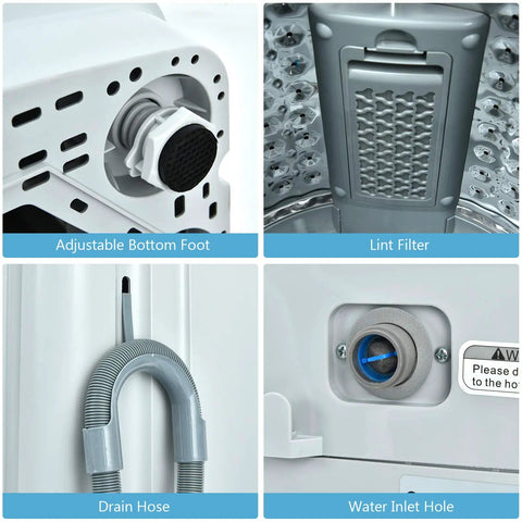 Detailed view of Full Automatic Washer And Spinner Combo showing adjustable bottom foot, lint filter, drain hose, and water inlet hole.