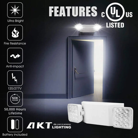 Emergency Light With Back Up Battery And Two Adjustable LED Heads, Wall Mount, White Finish, UL Certified, 6 Pack