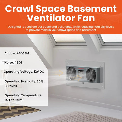 Crawlspace Ventilation Fan With Humidistat And Temperature Controller, 240 CFM Wall Mount Exhaust For Crawl Spaces