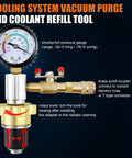 Cooling system vacuum purge and coolant refill tool with brass gauge for heavy duty automotive radiator coolant vacuum refill tool kit.