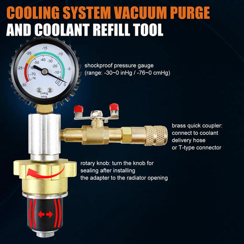 Cooling system vacuum purge and coolant refill tool with brass gauge for heavy duty automotive radiator coolant vacuum refill tool kit.