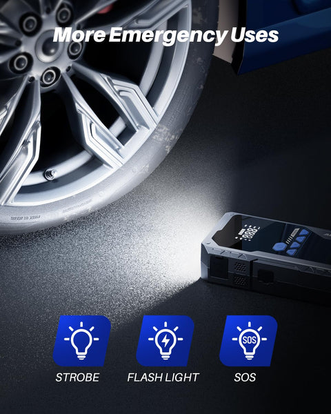 Beefy 6000A Jump Starter With Air Compressor And Tire Inflator Portable Car Jump Box illuminating tire with LED flashlight