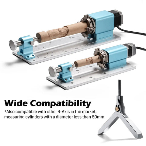 Effortless 4 Axis Center Positioner For CNC Routers Delivers Quick Alignment And Easy Locating Center Under 60mm Diameter With A One Eighth Inch Shank Compatible With ProVerXL 4030 4040 Pro And Other CNC Routers dual setup view with aluminum body and shank holder.