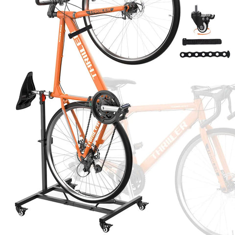 Freestanding Vertical Bike Stand For Indoor Storage, Space Saving Upright Bike Holder With Adjustable Height For Wheels Up To 29 Inches, Fits MTB Road And City Bikes Up To 66 Lbs, Slick Garage Or Apartment Bike Rack holding an orange bike