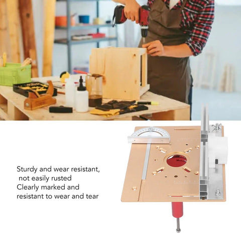 Beefy Aluminum Router Lift System With Stainless Steel Build And 47 Millimeter Rock Solid Precision For Shop Ready Woodworking Bench Router Plates And Engraver Machines In Matte Gold on a workshop table.