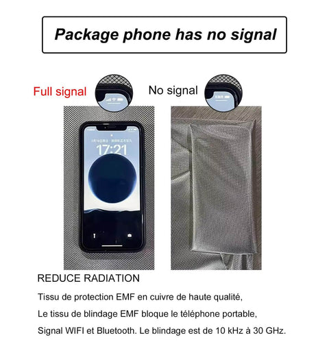 Phone in silver Faraday Shield Fabric With Copper Nickel Polyester For RFID And WiFi Blocker EMF Protection Material showing signal blocking