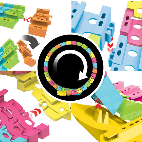 Close-up of colorful section connectors from Twister Tracks 360 Loop Neon Glow In The Dark Track Set with arrow guides