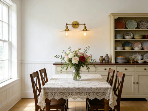 Dining room with Two Light Wall Sconce With Antique Finish Bathroom Vanity Light Switch Included And Dual 7.87 Inch Flat Metal Lampshades.