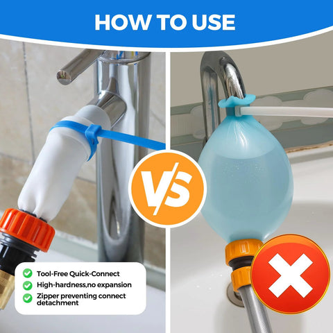 Portable sink hose attachment; left: faucet quick-connect installed; right: incorrect setup with water bag.