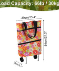Folding Shopping Bag With Wheels For Travel And Shopping 66lb Capacity with floral pattern, dimensions 39cmx54cmx13cm.