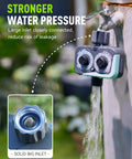 Weatherproof Sprinkler Timer With Three Quarter Inch Hose Port installed on faucet, water flowing, high-flow valve visible.