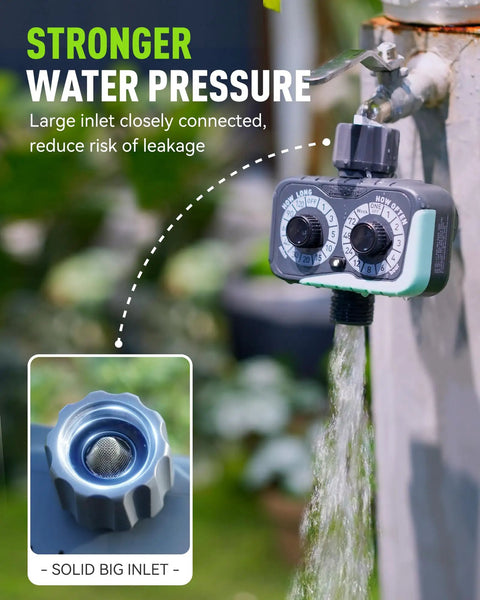 Weatherproof Sprinkler Timer With Three Quarter Inch Hose Port installed on faucet, water flowing, high-flow valve visible.