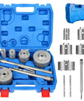DEHUIWI 9‑pc masonry hole saw kit with 4-inch SDS Plus Max shanks in a blue carrying case