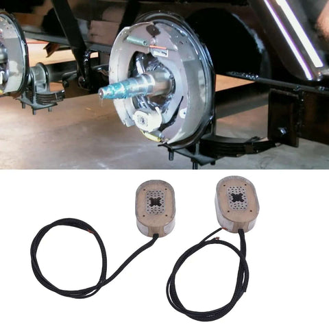 Two Pack 12V Electric Trailer Brake Magnets Replacement for RV, shown installed and separately with attached wiring cables.