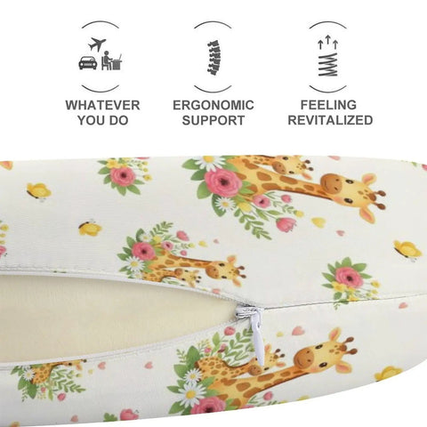 Women's Memory Foam U Shaped Neck Pillow For Travel And Daily Use with cute giraffe flower pattern and zipper detail