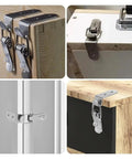 Stainless Steel 90 Degree Hook Lock Bolt Spring Loaded Draw Toggle Latch Clamp 4 Pack installed on various cabinets and toolboxes.