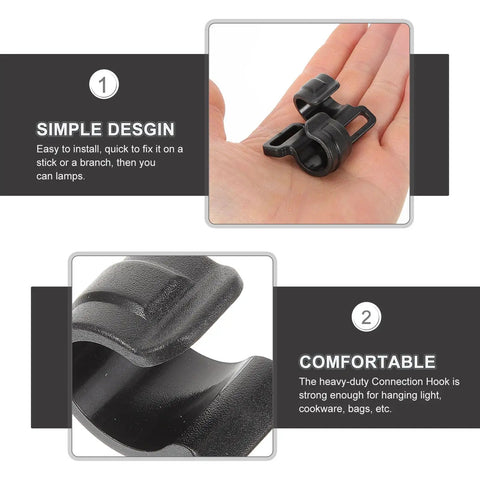 Close-up of a large plastic camping tent hook in hand, showing simple design and comfort for outdoor gear organization.