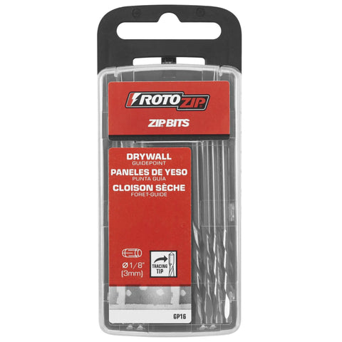 Roto Zip GP16 One Eighth Inch Guide Point Drywall Cutting Zip Bit Sixteen Pack in packaging with clear plastic case