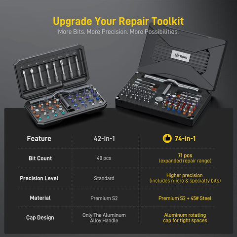 Magnetic 74 In 1 Ratchet Screwdriver Set With Detachable Handle Pro Grade Multi Bit Kit opened with assorted bits visible