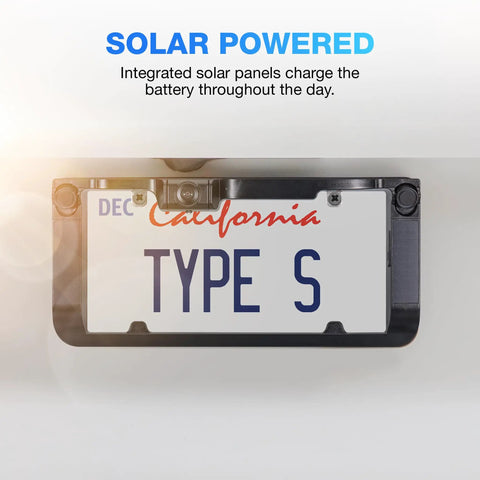 Solar Powered Wireless Back Up Cam With License Plate Frame Design And Three Minute Install shown on a car plate