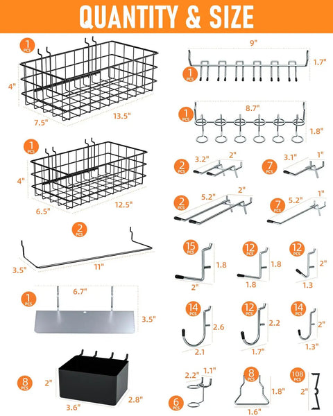 Components of Pegboard Organizer Kit With 238 Pieces Hooks Bins Baskets Paper Towel Holder For One Eighth And One Quarter Inch Pegboards