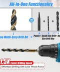 HSS Stepped Point Drill Bit Set, 29-Piece, 1/16 to 1/2 Inch, gold and black 3-flat shank, no pilot hole needed, attached to drill