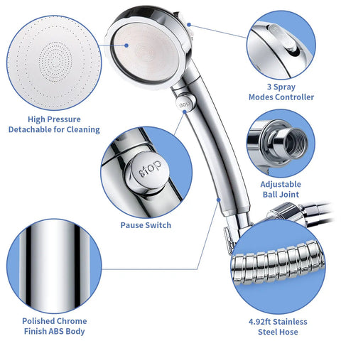 High Pressure Handheld Shower Head With On Off Switch Detachable Hose And 3 Spray Modes Shower Massager Pause Button For Water Saving No Fuss Install Adjustable Angle Bracket Chrome features