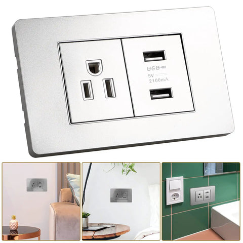15 Amp Us Standard Wall Outlet With Dual Usb Charging Ports, Built Tough Pp Housing With Genuinely Solid Bronze Contacts, No-Hassle Hookup For Desk Lamps And Bedside Tables, Secure Screw Mount Receptacle shown from multiple angles.