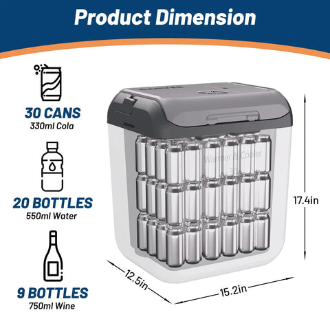 Ride Along Thermoelectric Car Cooler And Warmer 32 Qt visual showing dimensions for 30 cans, 20 bottles, and 9 wine bottles.