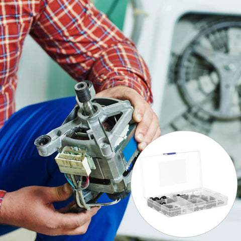 340 Piece Push On Locking Washers Kit With Black Tooth Washers beside technician holding motor