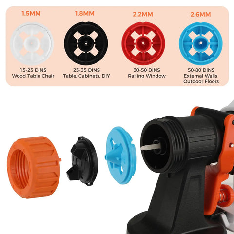 Heavy Duty Cordless Paint Sprayer Kit showing nozzle options for various projects including cabinets and outdoor walls.