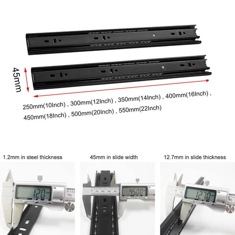 Heavy Duty Drawer Slide Rails Set With Ball Bearing Full Extension Three Section Runners 1 Pair, 10 Inch and 22 Inch lengths