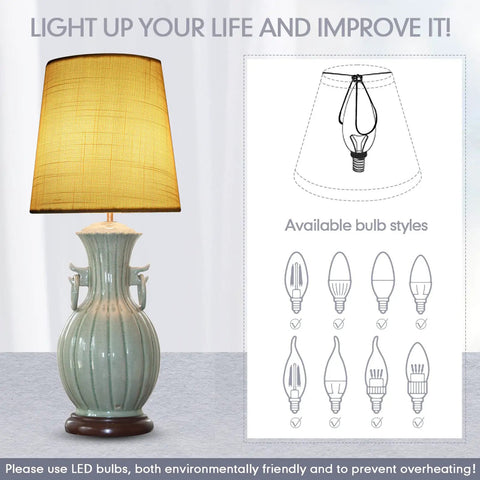 A table lamp with a beige linen shade, ceramic base, and various bulb style illustrations, showing cozy warm light glow.