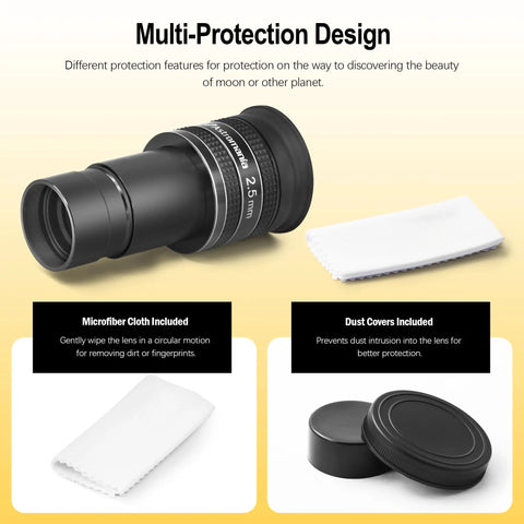 Two Point Five Millimeter Wide Angle Telescope Eyepiece For Planetary Observation Dope 1.25 Inch with microfiber cloth and covers.