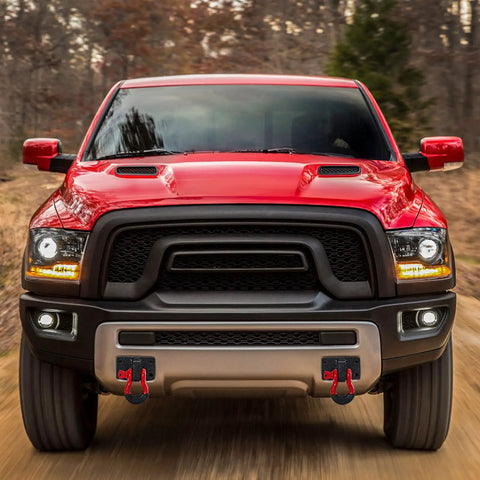 Ram truck with Two Pack Front Tow Hook Mounting Brackets with Three Quarter Inch D Ring, steel, black powder coat, front view