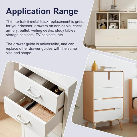 Open dresser drawers illustrating application of 5-Piece Drawer Slides With Metal Backing And Screws For Nightstand And Vanity Cabinets.