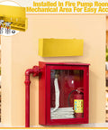Heavy Duty Wall Mount Fire Sprinkler Head Storage Box Holds Twelve Heads Red Steel Cabinet mounted near red fire hose and extinguisher.