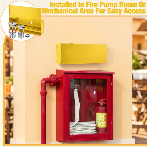 Heavy Duty Wall Mount Fire Sprinkler Head Storage Box Holds Twelve Heads Red Steel Cabinet mounted near red fire hose and extinguisher.