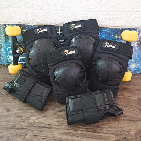 Knee Pads Elbow Pads And Wrist Guards Full Protective Gear For Skateboarding Inline Skating And Scooter For Ages 12 And Up Durable Hard PP Shell With Thick EVA Foam Padding Adjustable Straps Black in front of skateboard